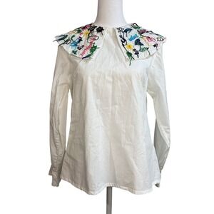 Mii Embroidered Collar White Long Sleeve Cotton Blouse Womens Small RARE